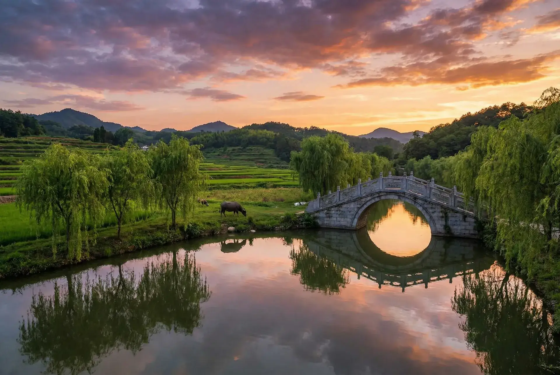 夕阳下的石拱桥与垂柳，水牛在河边吃草 - 爱维侦查 乡村美景
